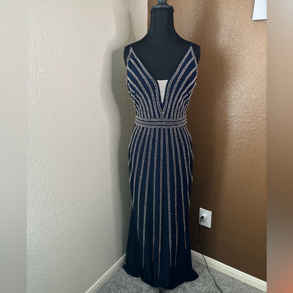 Avery Navy and Silver Beaded Prom Dress